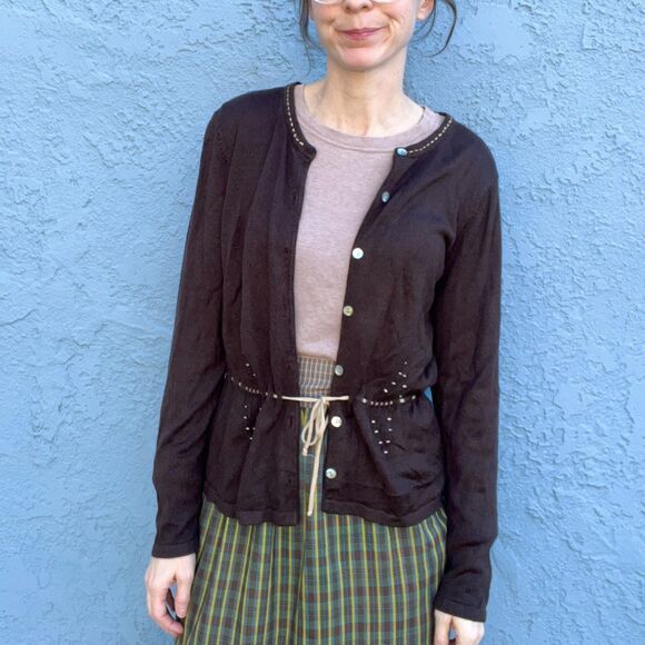 90s Brown Cardigan in Large Liz Claiborne preppy minimalist goblincore - Picture 2 of 13